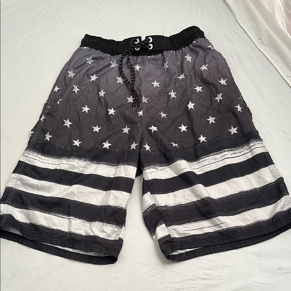 Pacific Scene black gray white Stars and Stripes mesh lined swim trunks